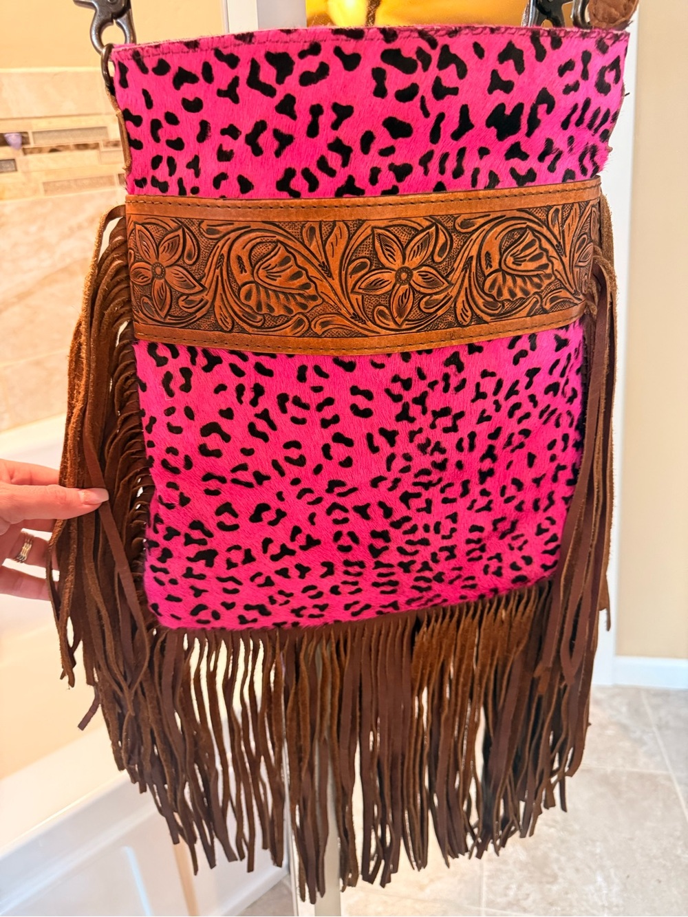 Pink Leopard Fringe Crossbody Bag with Tooled Leather Trim